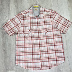 Tommy Bahama Jeans Shirt Mens Size L-XL Short Sleeve Red Plaid Button Up